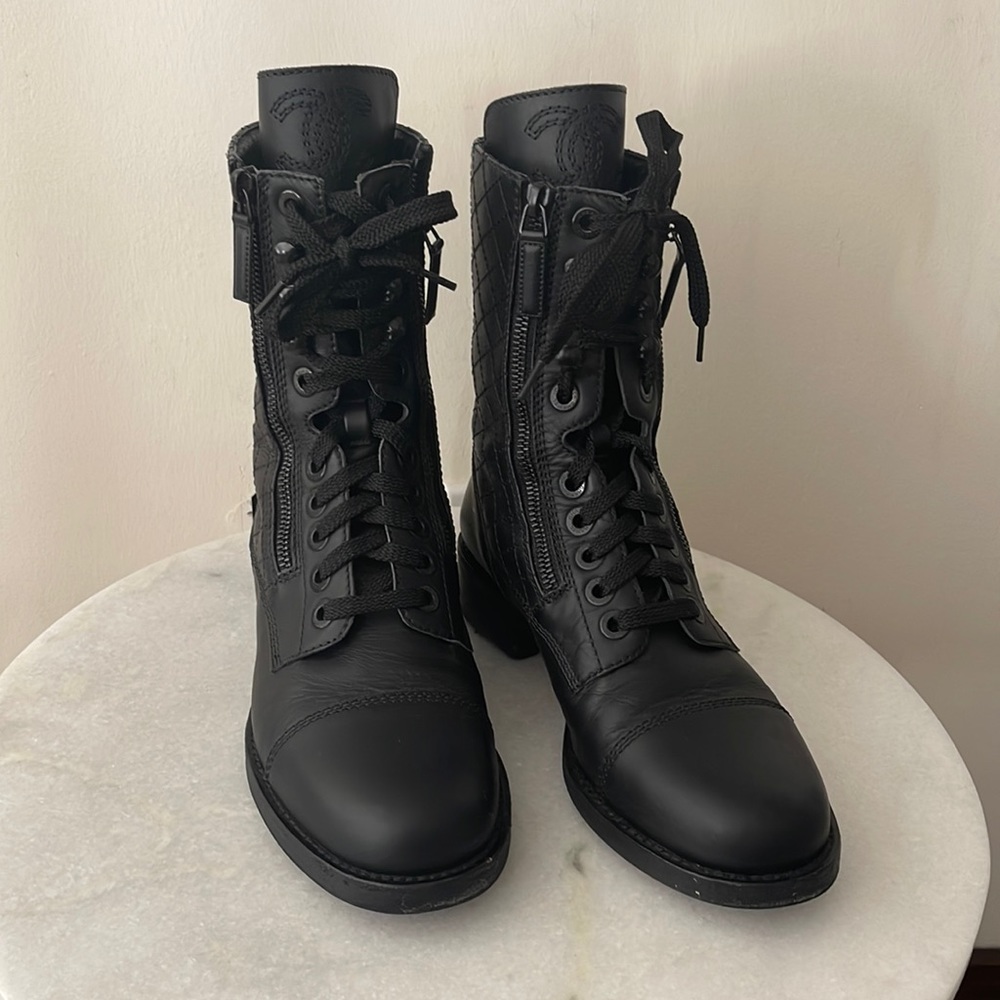 CHANEL combat boots black size 37.5